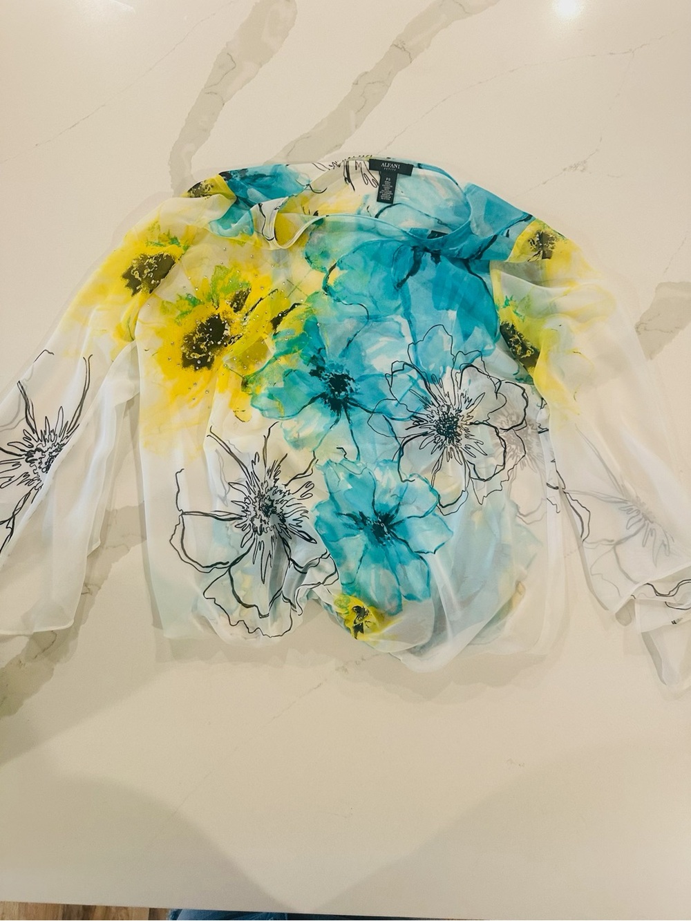 Alfani Sheer Floral Blouse in Blue, Yellow & White